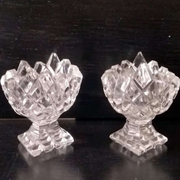 Antique Lead Crystal  Boat Shape Waffle Open Salt and Pepper Set - Picture 3 of 11